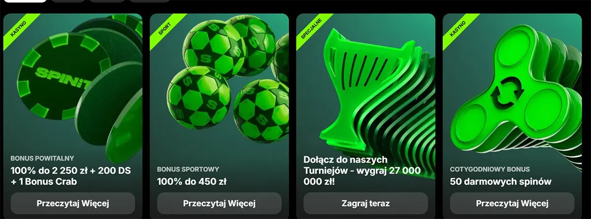 SpinIt promotions grid with four green cards: welcome bonus 100% up to 2,250 zł + 200 DS + Bonus Crab, sports bonus 100% up to 450 zł, tournament prize 27,000,000 zł, and weekly bonus 50 free spins.