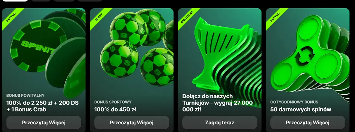 SpinIt promotions grid with four green cards: welcome bonus 100% up to 2,250 zł + 200 DS + Bonus Crab, sports bonus 100% up to 450 zł, tournament prize 27,000,000 zł, and weekly bonus 50 free spins.