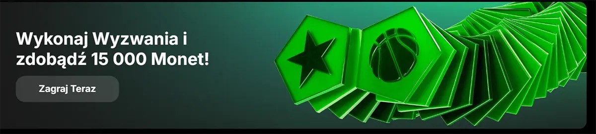 Promotional SpinIt banner reading “Complete Challenges and earn 15,000 Coins!”, with a “Play Now” button and a stack of neon-green 3D tokens on a dark green background.