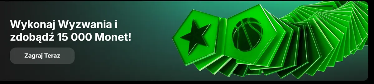 Promotional SpinIt banner reading “Complete Challenges and earn 15,000 Coins!”, with a “Play Now” button and a stack of neon-green 3D tokens on a dark green background.