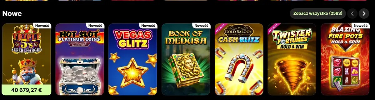 “Casino lobby ‘New’ section showing a horizontal carousel of slot game tiles (e.g., Triple 5’s Supercharged, Hot Slot Platinum Coins, Vegas Glitz, Book of Medusa, Cash Blitz, Twister Fortunes, Blazing Fire Pots) with a ‘See all’ button.”