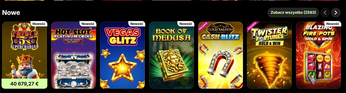 “Casino lobby ‘New’ section showing a horizontal carousel of slot game tiles (e.g., Triple 5’s Supercharged, Hot Slot Platinum Coins, Vegas Glitz, Book of Medusa, Cash Blitz, Twister Fortunes, Blazing Fire Pots) with a ‘See all’ button.”