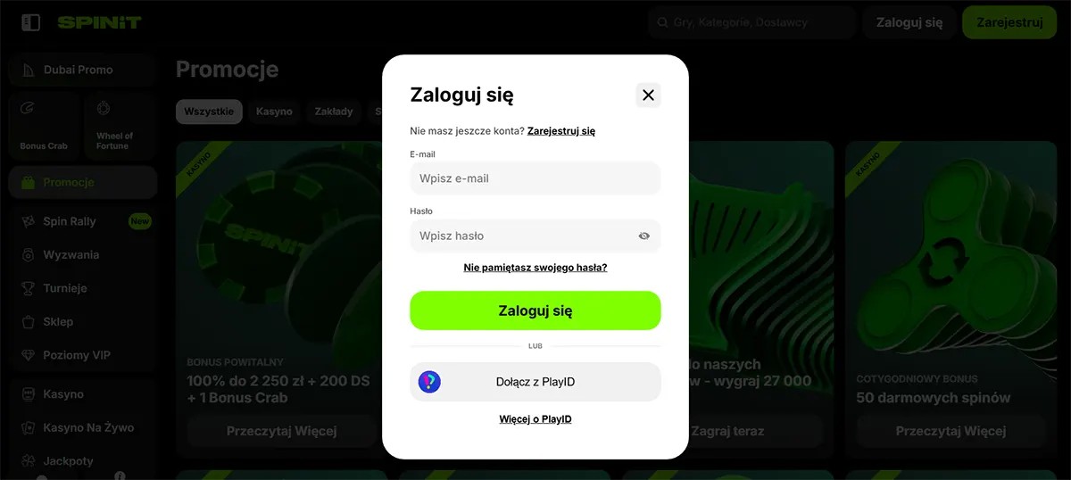 SpinIt promotions page with a centred “Log in” modal showing email and password fields, a “Forgot your password?” link, a green “Log in” button, and a “Join with PlayID” option.