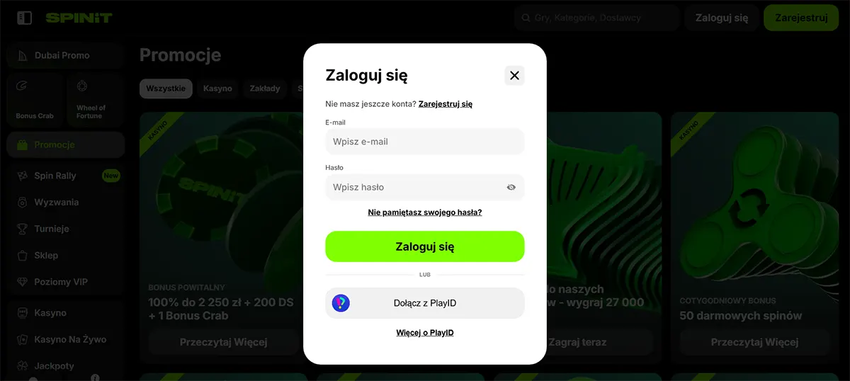 SpinIt promotions page with a centred “Log in” modal showing email and password fields, a “Forgot your password?” link, a green “Log in” button, and a “Join with PlayID” option.